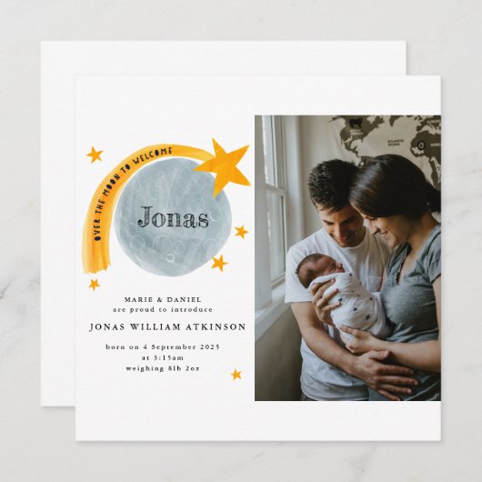 Watercolor Geburtshinweis Star Moon Babykarte Ankündigung (Vorne/Hinten)