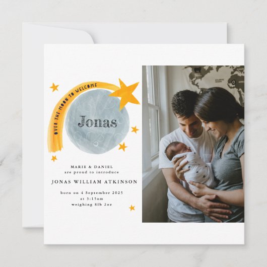 Watercolor Geburtshinweis Star Moon Babykarte Ankündigung (Vorderseite)