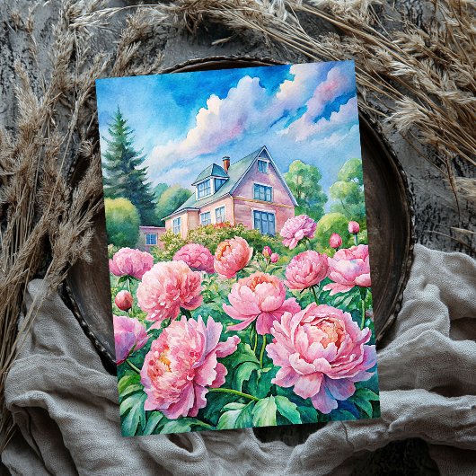 Watercolor gemütliche, weiße Haus Rosa Pfannkuchen Seidenpapier