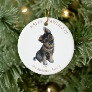 Watercolor German shepere Happy Pwlidays Foto Keramik Ornament