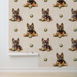 Watercolor German Shepherd Welppy Dog Ball Bone Tapete