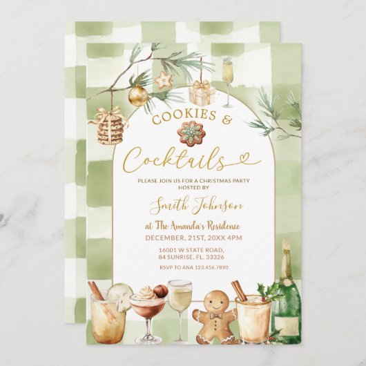 Watercolor Gingham Cocktail und Kekse Winter Einladung (Vorne/Hinten)