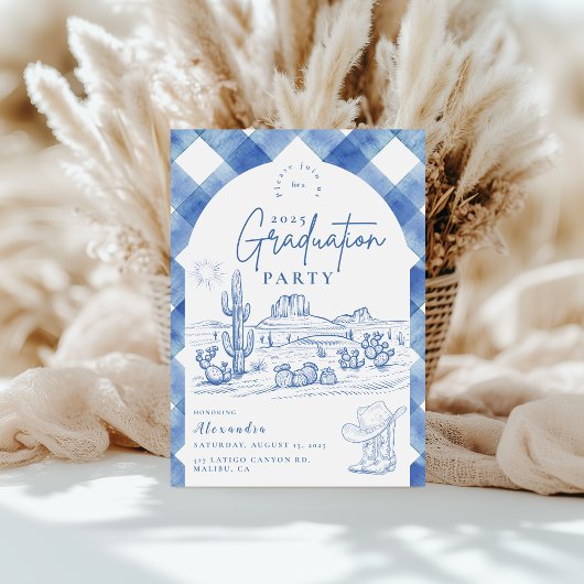 Watercolor Gingham Cowgirl Abschluss Einladung