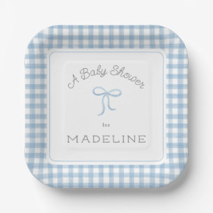 Watercolor Gingham Light Blue Baby Dusche Pappteller