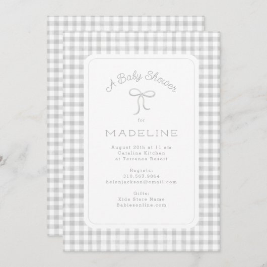 Watercolor Gingham Light Gray Baby Dusche Einladung (Vorne/Hinten)