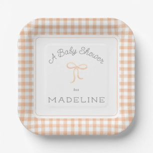 Watercolor Gingham Peach Baby Dusche Pappteller