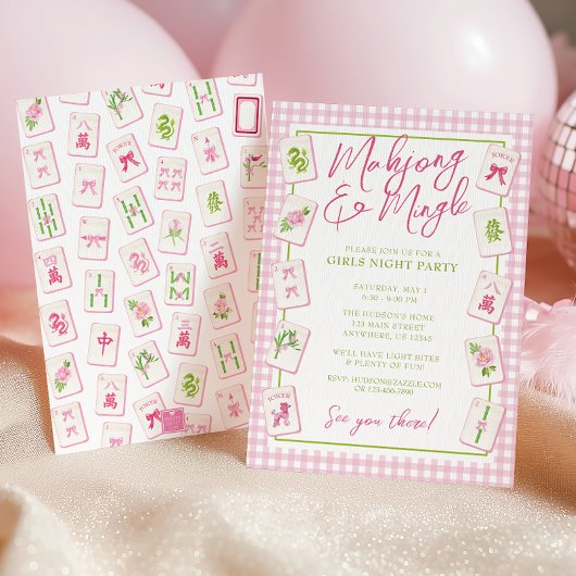 Watercolor Gingham Pink Bow Mahjong Party Einladung