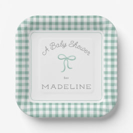 Watercolor Gingham Sage Green Baby Dusche Pappteller