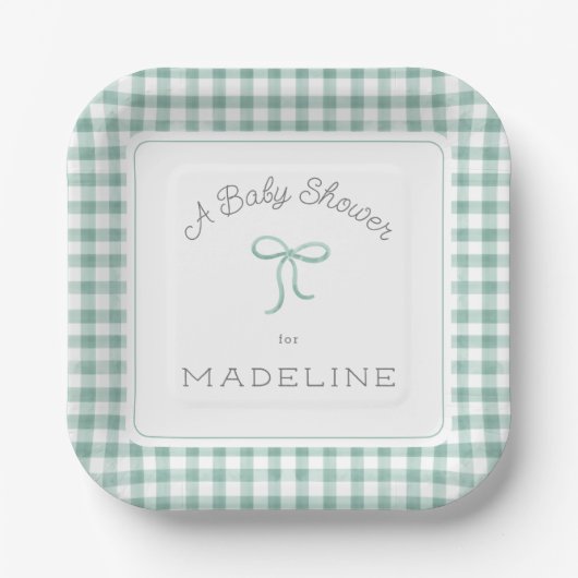 Watercolor Gingham Sage Green Baby Dusche Pappteller (Vorderseite)