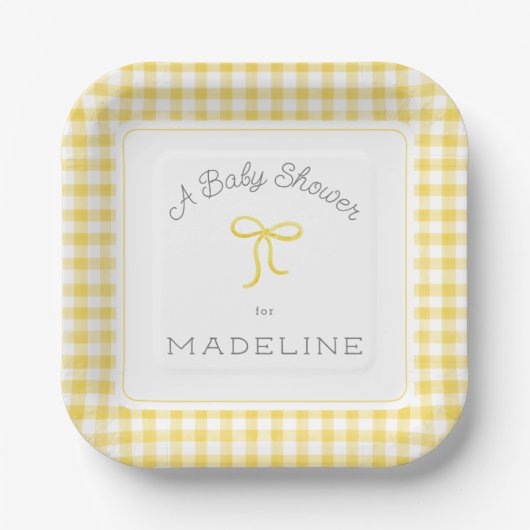 Watercolor Gingham Yellow Baby Dusche Pappteller (Vorderseite)