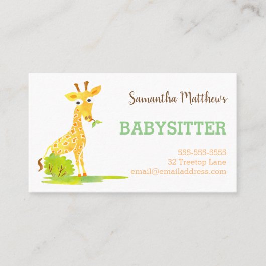 Watercolor Giraffe Babysitter Childcare Provider Visitenkarte (Vorderseite)