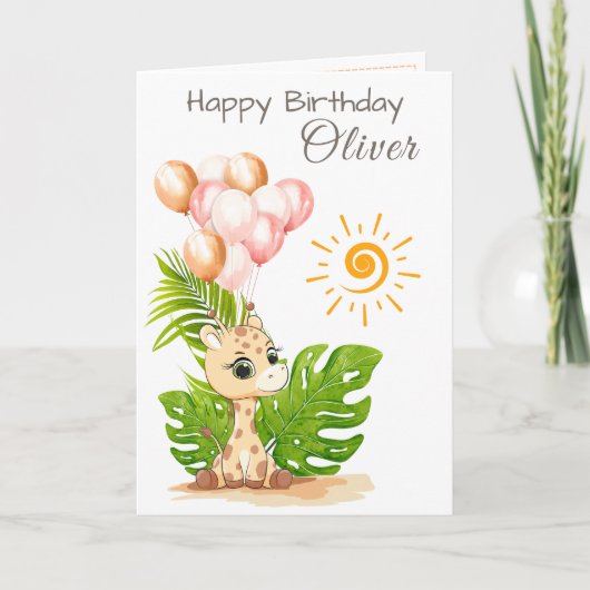 Watercolor Giraffe Kids Birthday Card with Name Karte (Vorderseite)