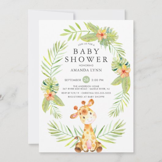 Watercolor Giraffe Kinderdusche Einladung (Vorderseite)