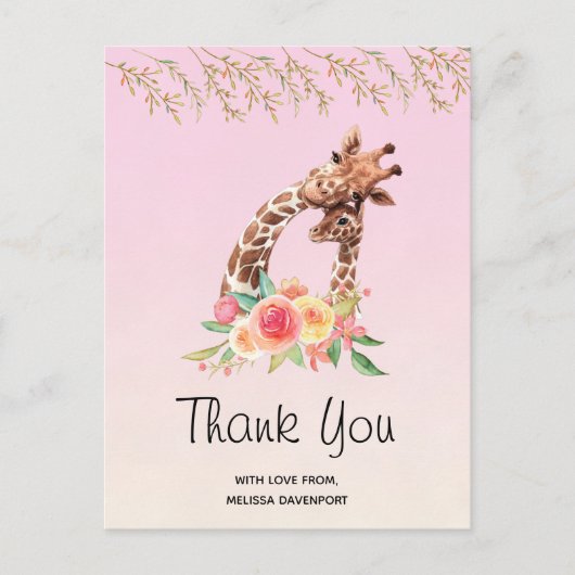 Watercolor Giraffe Mama & Baby Danke Postcard Postkarte (Vorderseite)