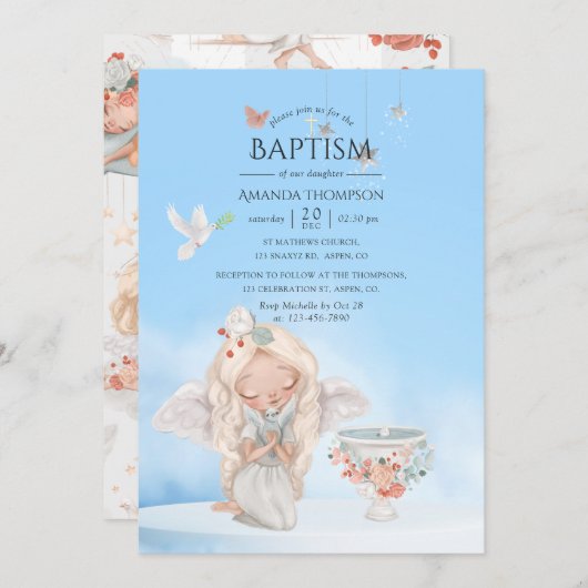 Watercolor Girl Angel Taufe Einladung (Vorne/Hinten)