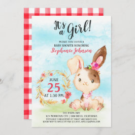 Watercolor Girl Bunny Baby Shower Farm Einladung