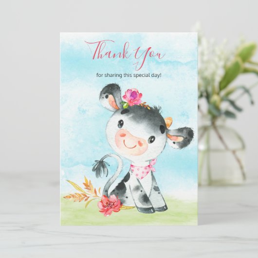 Watercolor Girl Cow Farm Thank You Dankeskarte (Stehend Vorderseite)