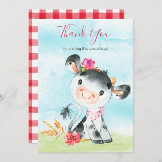 Watercolor Girl Cow Farm Thank You Dankeskarte (Vorne/Hinten)