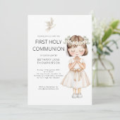 Watercolor Girl First Holy Communion White Einladung (Stehend Vorderseite)