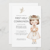 Watercolor Girl First Holy Communion White Einladung (Vorne/Hinten)
