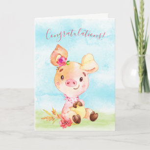 Watercolor Girl Piggy Herzlichen Glückwunsch Karte