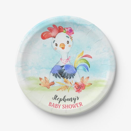 Watercolor Girl Rooster Baby Showfarm Pappteller (Vorderseite)