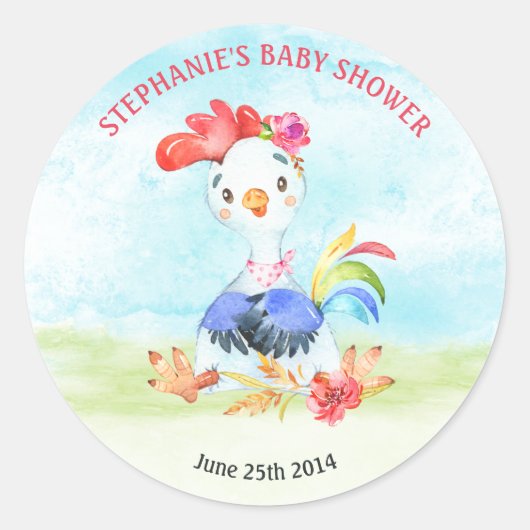Watercolor Girl Rooster Baby Showfarm Runder Aufkleber (Vorderseite)