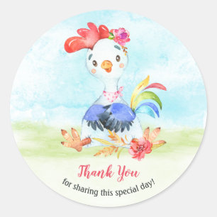 Watercolor Girl Rooster Farm Vielen Dank Runder Aufkleber