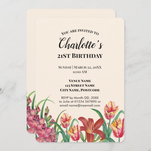 Watercolor Gladioli Tulips Lily Birthday Party Einladung (Vorne/Hinten)