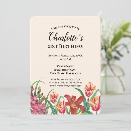 Watercolor Gladioli Tulips Lily Birthday Party Einladung (Stehend Vorderseite)