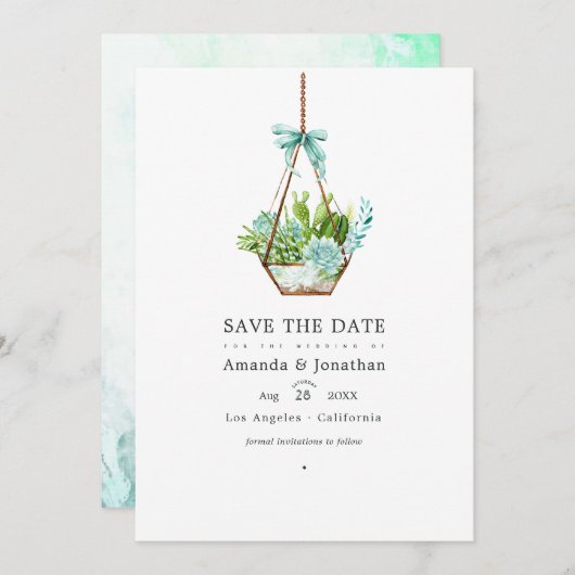 Watercolor Glas Terrarium Succulents Wedding Rett Save The Date (Vorne/Hinten)