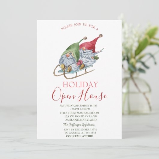 Watercolor Gnomes Sleigh Open House Einladung (Stehend Vorderseite)