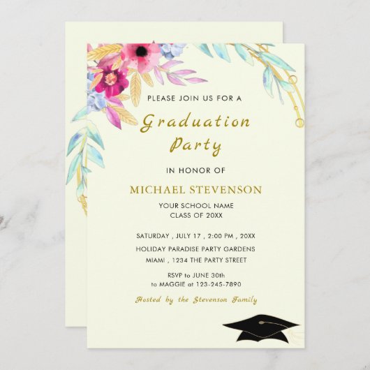 Watercolor Gold Abschluss Einladungskarte (Vorne/Hinten)