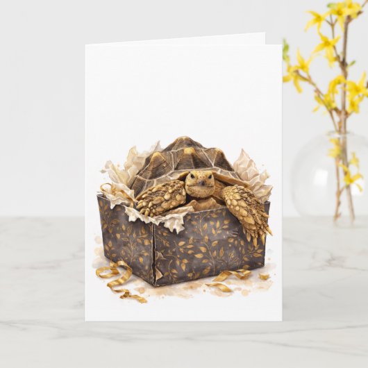 Watercolor Gold and Brown Birthday Gift Turtle Karte (Gelbe Blume)