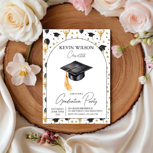 Watercolor Gold Balloon Graduation Invite Einladung