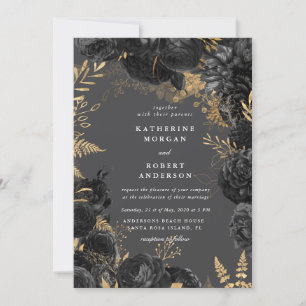 Watercolor Gold Black Rose Einladung Hochzeit