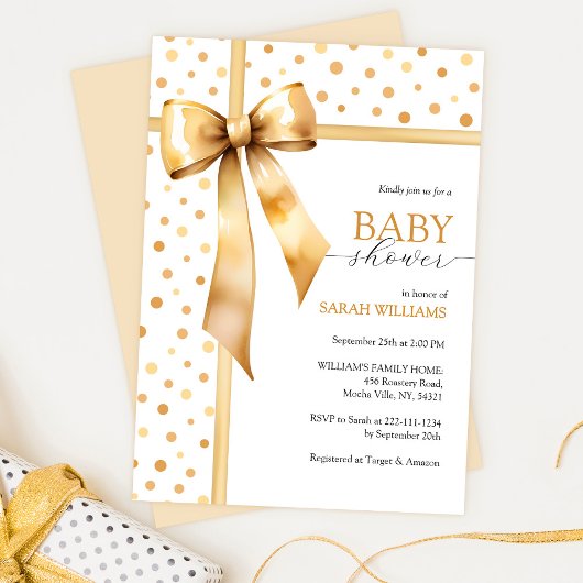 Watercolor Gold Bow Baby Dusche Einladung