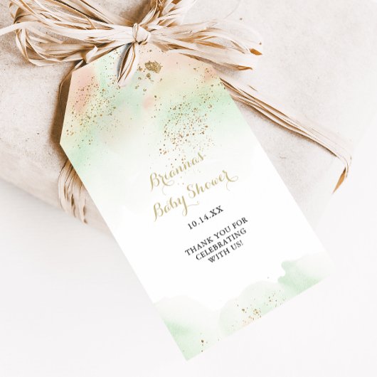 Watercolor Gold Confetti Babydusche Geschenkanhänger
