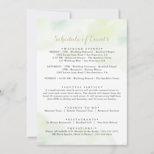 Watercolor Gold Confetti Hochzeit Begrüßungsbrief (Rückseite)