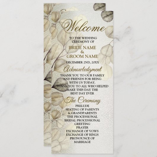 Watercolor Gold Eucalyptus Foliage Wedding Shiny Programm (Vorne/Hinten)