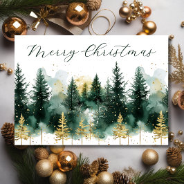 Watercolor Gold Green Forest Merry Christmas Feiertagskarte