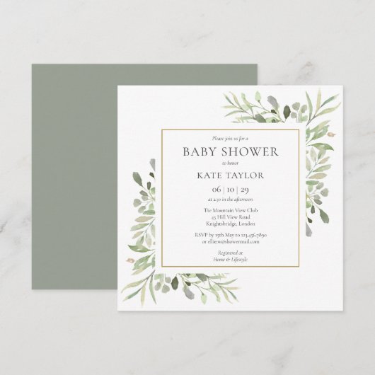 Watercolor Gold Greenery Baby Shower | Sprinkle Einladung (Vorne/Hinten)