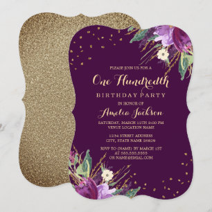 Watercolor Gold Lila Blume 100. Geburtstagsparty Einladung