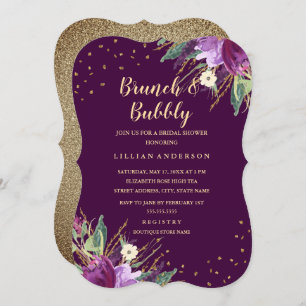 Watercolor Gold Lila Blume Brunch und Bubbly Einladung