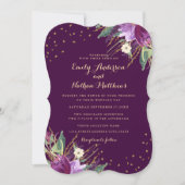 Watercolor Gold Lila Blume Hochzeit Einladung (Vorderseite)