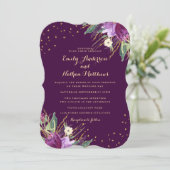 Watercolor Gold Lila Blume Hochzeit Einladung (Stehend Vorderseite)