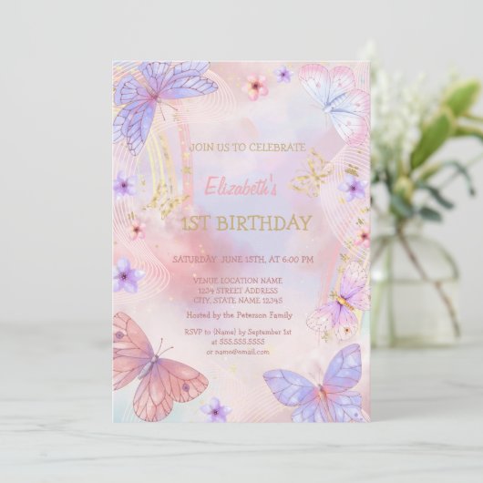 Watercolor Gold Lilac Butterfly Rainbow Birthday Einladung (Stehend Vorderseite)