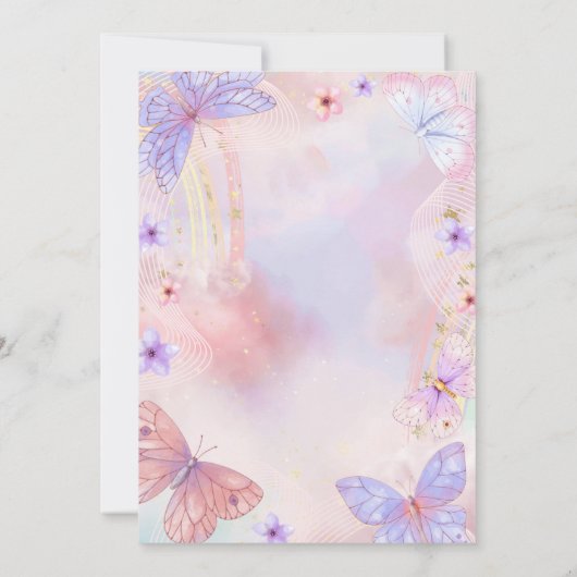 Watercolor Gold Lilac Butterfly Rainbow Birthday Einladung (Rückseite)