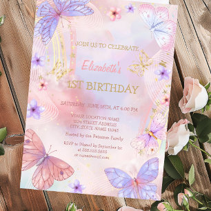 Watercolor Gold Lilac Butterfly Rainbow Birthday Einladung