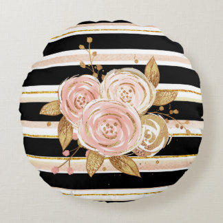 Watercolor Gold Rose Muster Rundes Kissen